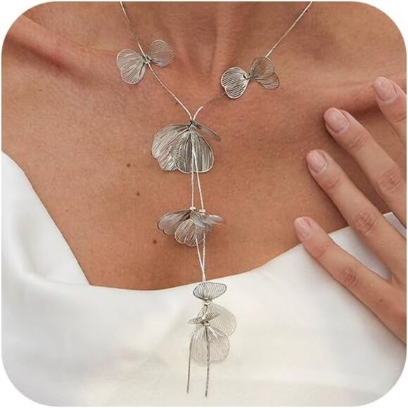 Women's Silver Ginkgo Leaves Choker Statement Long Tassel Beachy Party Necklace - Picture 1 of 9